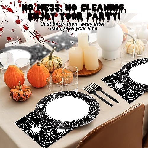 50 Guests Halloween Spider Web Plates and Napkins Party Supplies Spiderweb Party Decorations Disposable Tableware Black and White Halloween Dinnerware Favor for Get Together Celebration, 200PCS - Image 5