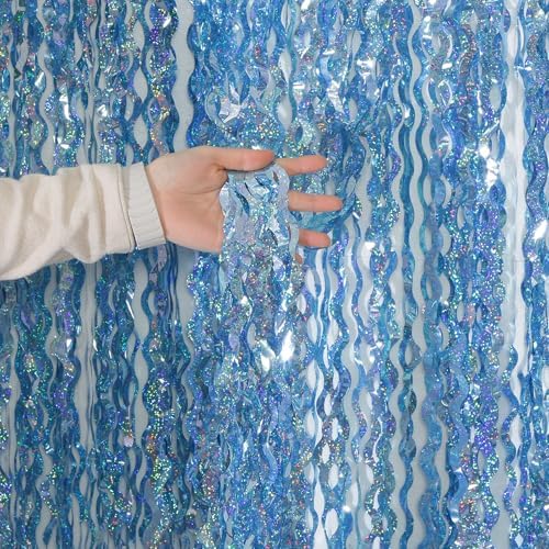 4 Pack Wavy Blue Tinsel Fringe Backdrop Streamers Backdrop Sparkle by KEEUH