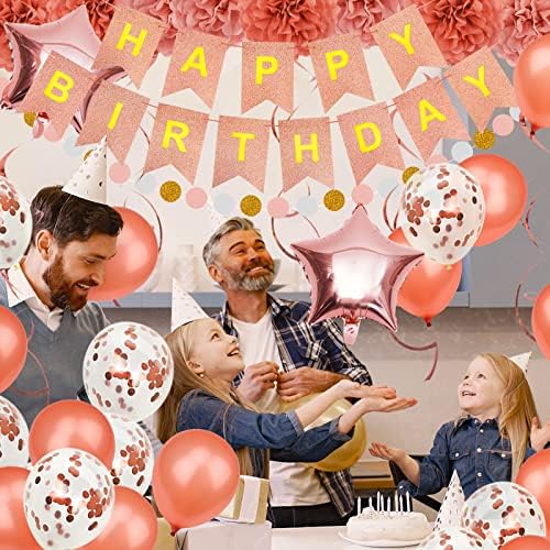 Birthday Decoration, Happy Birthday Banner, Tissue Paper Pom Poms, Hanging Paper Fan Set and Balloons for All Birthday Party Decorations, Rose Gold - Image 7