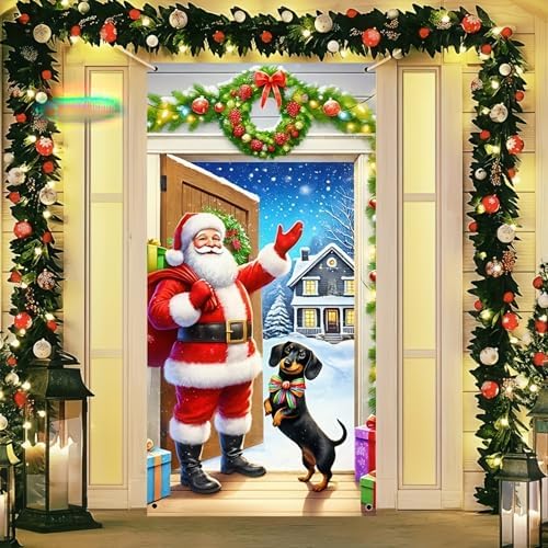 BlissYard Christmas Door Cover Santa Dachshund 70x35 Inch Polyester - Image 3