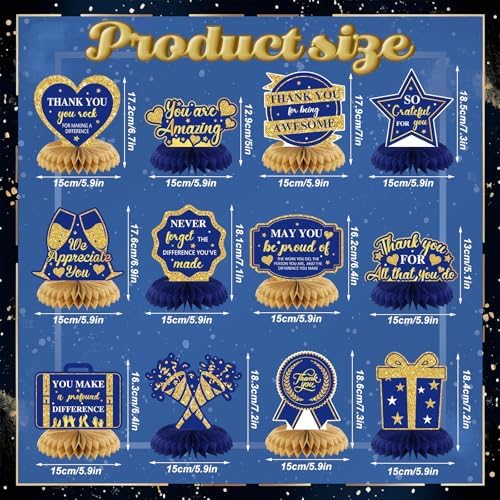 12 Pcs We Appreciate You Decoration Thank You Honeycomb Centerpiece Employee Appreciation Table Decorations Thank Table Topper for Doctor Employee Party Supplies(Gold and Blue) - Image 2