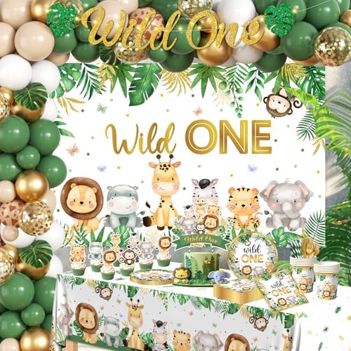 Wild Birthday Decorations,Safari Birthday Decorations 277Pcs Wild Plates and Napkin Sets Banner Backdrop Tablecloth Cake Topper Balloon Garland for Jungle 1st birthday Decorations - Image 5