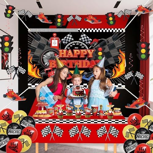 Happy Birthday Decorations For Women Men,Birthday Backdrop,Banner Balloons,Table Cloth,Paper pom poms Party Supplies for Girls Boys (Race car) - Image 5