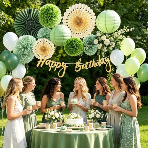 SUNBEAUTY Sage Green Birthday Decorations for Women Green Tissue Pom Poms Paper Lanterns Party Decorations Happy Birthday Banner Sage Green Paper Fans for Spring Garden Party Wedding Bridal Shower - Image 2