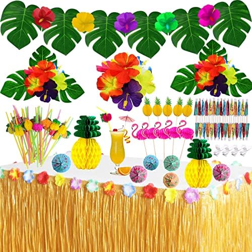 Tropical Luau Party Decorations Set Hawaiian Beach Theme Party Favors Luau Party Supplies with 9ft Luau Grass Table Skirt, Palm Leaves, Hibiscus Flowers, 3D Fruit Straws, Flamingo and Pineapple Décors by SEMETOR