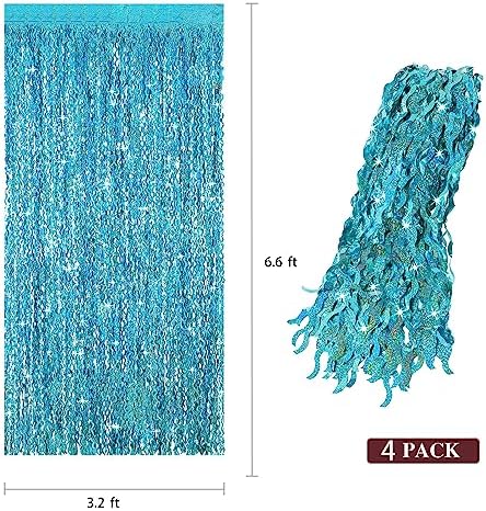 4 Pack Teal Aqua Blue Wavy Foil Fringe Curtains Party Decorations - 3.3 ft x 6.6 ft Sparkle Streamer Tinsel Curtain Party Photo Backdrops for Birthday Party Christmas Graduation Decoration - Image 3