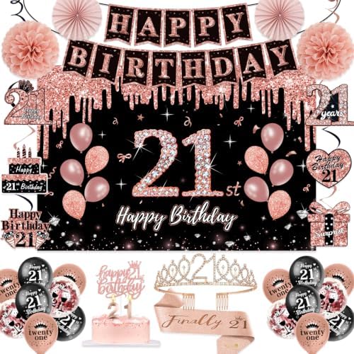 50Pcs 21st Birthday Decorations for Her, Rose Gold&Black Pre-Assembled Set. by Unknown