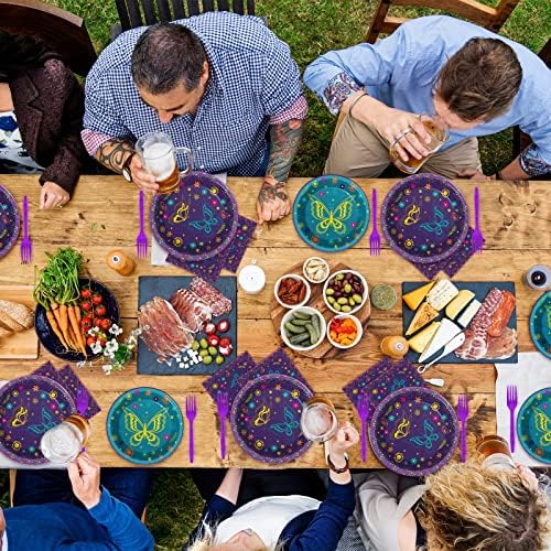 Wiooffen 96 Pcs Butterfly Birthday Party Supplies Purple Blue Floral Themed Paper Plates Napkins Disposable Tableware Set Party Decorations Serves 24 Guests - Image 6