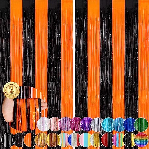 Black Orange Halloween Backdrop, 2 Pack Tinsel Foil Fringe Curtains by UWPVOWSR