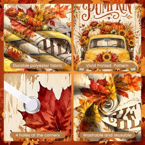 Fall Vertical Door Banner 35x71 Inch, Autumn Front Door Cover with Vintage Yellow Truck Pumpkins Sunflowers Maple Leaves Harvest Hanging Flag for Farmhouse Porch Yard Thanksgiving Outdoor Decor - Image 3