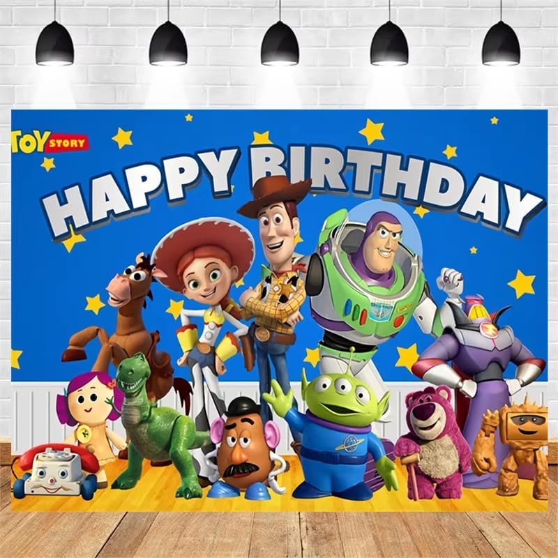 48PCS Toy Story Birthday Party Supplies Set, Including Happy Birthday Banner, Backdrop, Swirl Decorations, Balloons, Cake Topper, Cupcake Toppers, Tablecloth - Image 4