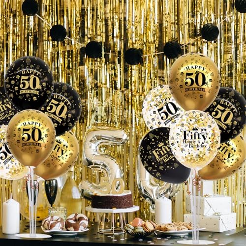TONIFUL 4 Set Black Gold 50 Printed Balloon Stands for 50th Birthday Decor - Image 4