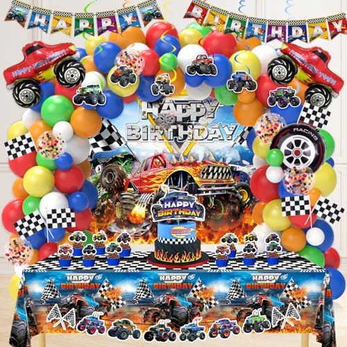 Monster Truck Birthday Decorations, Machines Jam Party Decoration Supplies include Truck Balloons Arch, Tablecloth, Backdrop, Cake Cupcake Toppers, Hanging Swirls, Flags, Truck Birthday Decor for Boys by Miucat