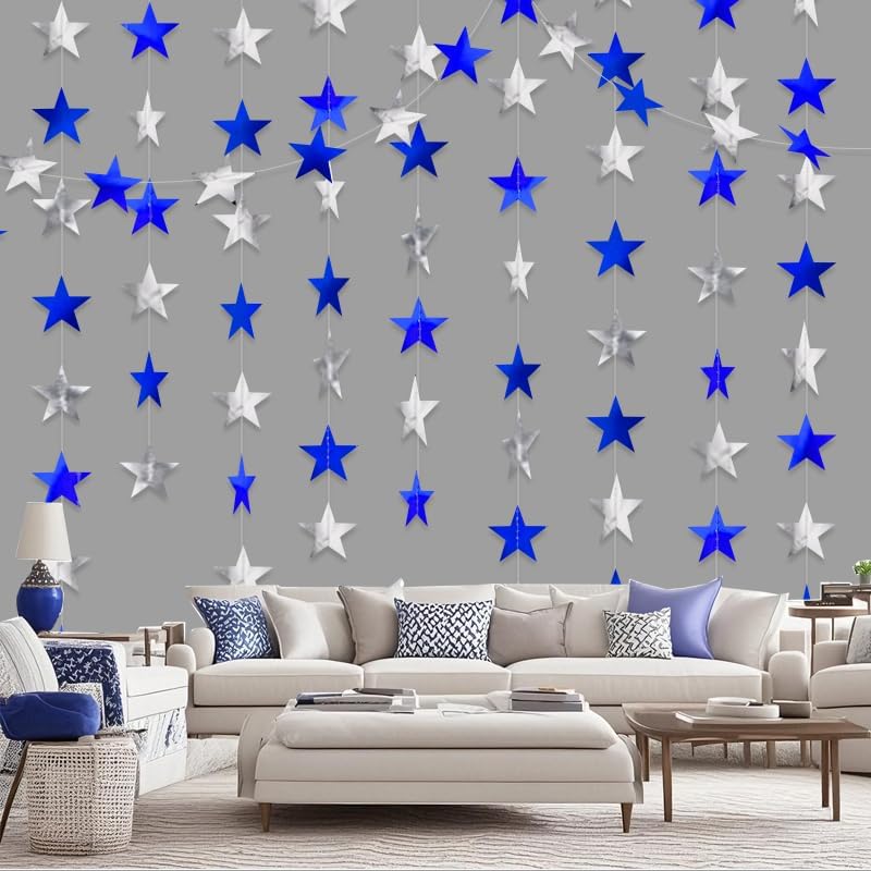 Blue Silver Shining Star Hanging Garland Blue Silver Hanging Sparkling Star Streamer Bunting Banner Twinkle Backdrop for Wedding Baby Shower Birthday Christmas Decorations 40 Feet - Image 3