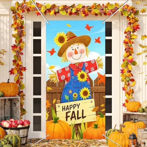 BlissYard Fall Door Cover Thanksgiving Decor Scarecrow Pumpkin 35x71 Inch by BlissYard