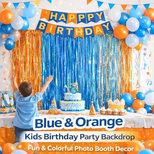 Blue and Orange Fringe Curtain Backdrop 3 Pack, 3.2 x 8.2 FT Decorations - Image 4