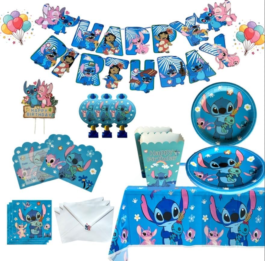 Stitch kids Birthday Party Supplies decoration Set – 125PCS, for16 Guests,1Tablecloth,16 Plates,16Napkins, Banner, Stickers, Cake Topper,16 Invitations card with envolopes,16 Blowouts &16Popcorn Boxes - Image 2