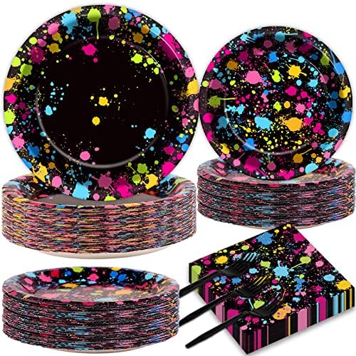50 Guests Neon Party Supplies Glow Party Plates Napkins Tableware Neon Glow Paper Disposable Birthday Colorful Graffiti Party Decoration Favor, 200 Pieces by partygreeting
