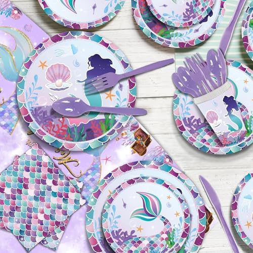 193 pcs Mermaid Birthday Decorations For Girl, Mermaid Party Decorations Supplies Kit, 16 Tableware Sets, Balloon Arch,Disposable Paper Plates - Image 3