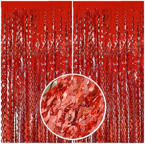 BOMSI Red Tinsel Foil Fringe Curtains Wavy Backdrop for Parties Sparkle Metallic Wavy Foil Fringe Backdrop Curtain for Party Decorations Photo Booth Props Birthday Graduation Wedding Valentines Decor by BOMSI