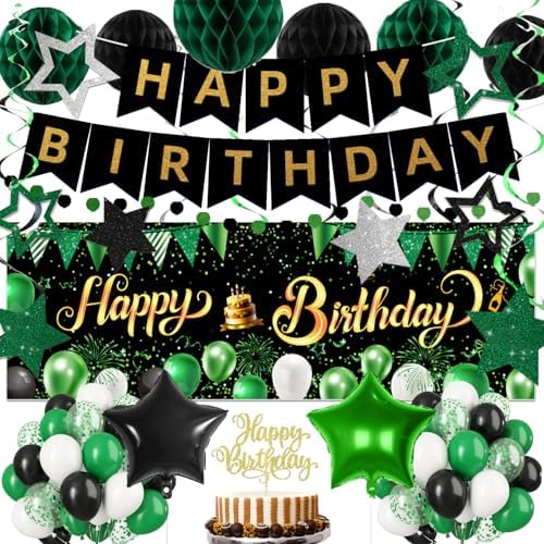 Green Black Birthday Decorations, Happy Birthday Banner, Backdrop, Balloons, Honeycomb Balls, Star Foil Balloons, Stars Hanging Swirls & Cake Topper for Baby Boys Girl Men Women Birthday Decoration by IHEPYQ