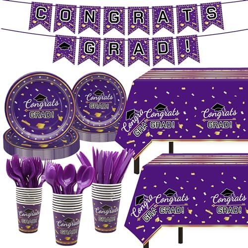 Graduation Decorations 2026,147 PCS Purple and Gold Graduation Decorations,Graduation Party Decorations,Disposable Grad Graduation Tableware Banner Graduation Plates Cups Tablecloth for 24 Guests by Childom