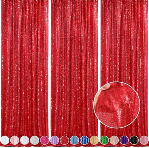 Red Curtains Birthday Sequin Backdrop, 3 Pack 2ft x 8ft Party Background by QueenDream