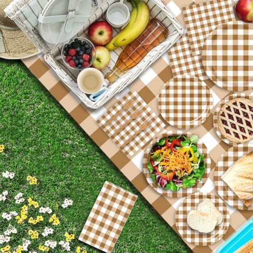 146PCS Brown Gingham Party Supplies Paper Plates and Napkins Serve 36 - Image 7