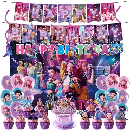 Demon Movie Hunters Birthday Decorations, Cute Party Supplies Set Include Banner, Backdrop, Balloons, Hanging Swirls, Cake Topper, Cake Cupcake Toppers for Boys Girls Cartoon Theme Party by Unknown