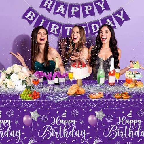 Vesici 171 Pcs Happy Birthday Party Supplies 24 Set Table, Purple, Silver - Image 6