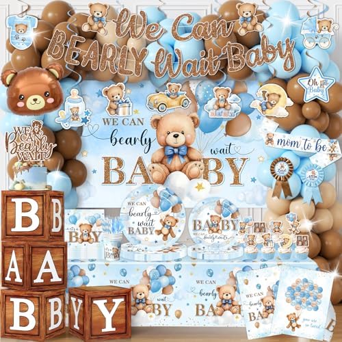 Blue Bear Baby Shower Decorations for Boy, All-in-1 Bear Party Decorations with Balloon Arch Kit Wood Grain Baby Boxes Plates Napkins Cake Toppers Tablecloth Backdrop Blue and Brown Baby Shower Decor by Juweked