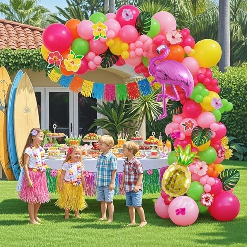Summer Tropical Balloon Arch Kit Hot pink yellow orange Balloon Luau Flower Card Sticker palm leaves Hawaiian leis For Baby Shower Flamingo Pool Parties Tiki Aloha Birthday Party Decorations - Image 5
