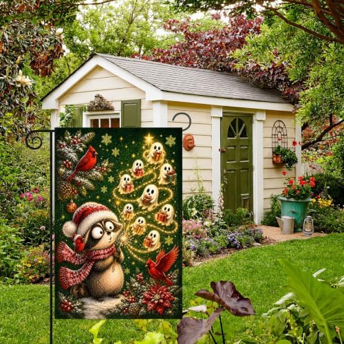 Christmas Garden Flag Vintage Holiday Raccoon Ghost Tree Winter Yard Decor - Image 7