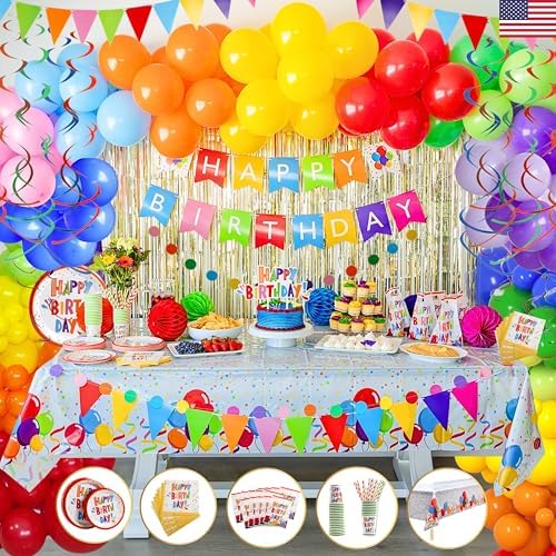 275 PC Colorful Birthday Party Decorations for Boy, Girl- Rainbow Party Supplies, Happy Birthday Banner, Balloons Garland Arch Kit Tablecloth Honeycomb Cake Topper Plates Cups Napkins Straws, 25 Guest by RegalDecorations