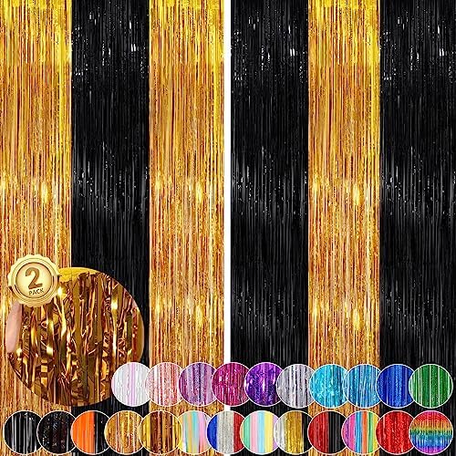 Black Gold Party Decorations, 2 Pack Tinsel Backdrop Foil Fringe Curtains by UWPVOWSR