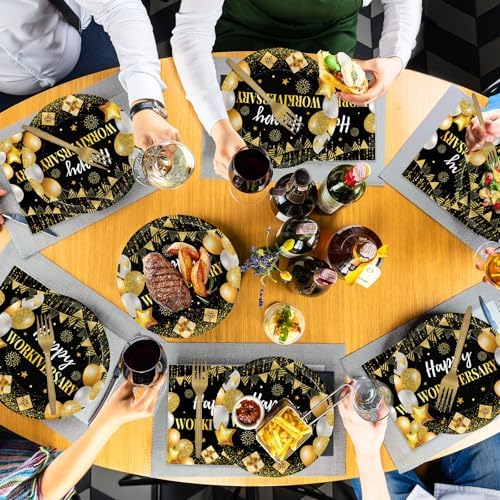 Justforjoyful 96Pcs Happy Work Anniversary Party Supplies Black Gold Happy Workiversary Tableware Dinnerware Set Worker Appreciation Plates Napkins Decorations for Women Men Office Employee Worker - Image 5