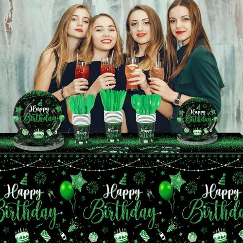 Vesici 171 Pcs Happy Birthday Party Supplies 24 Set Table, Black, Green - Image 6