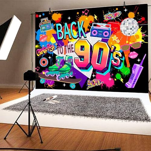 90s Photo Background 8x6 FT Polyester 80s Theme Backdrop Back to The 90s Banner 1990s Party Decorations Kids Adults Portrait Photography Props for Birthday Party Anniversary Event Supplies - Image 4