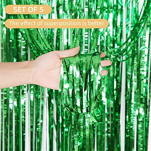 5 Pack Green Foil Curtain Backdrop 3.2ft x 9.8ft Metallic Tinsel Foil Fringe Curtains Streamer Photo Booth Backdrop for Birthday Party Engagement Bachelorette Party Decorations (Green) - Image 2