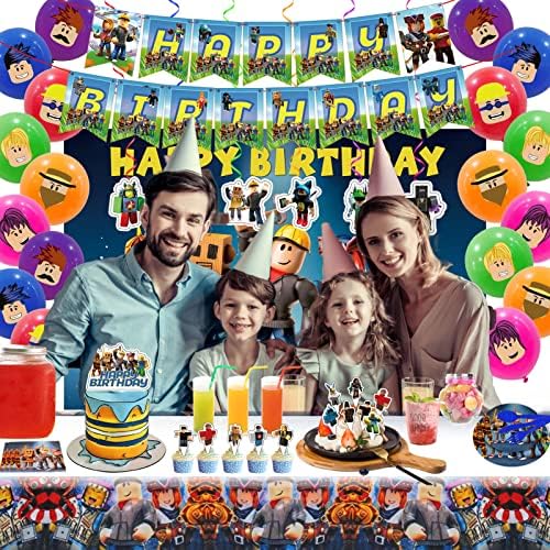 Birthday Party Decorations - Theme Children's Party Supplies Included Happy Birthday Banner, Backdrop, Hanging Swirls, Tablecloth, Cupcake Cake Toppers, Plates, Tableware, Napkins, Balloons - Image 5