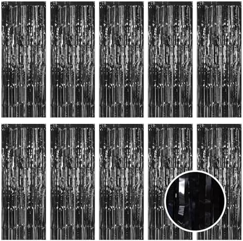 10 Pack Black Foil Curtain Backdrop 3.2ft x 9.8ft Metallic Tinsel Foil Fringe Curtains Streamer Photo Booth Backdrop for Birthday Party Engagement Bachelorette Party Decorations (Black) by Ohiyoo