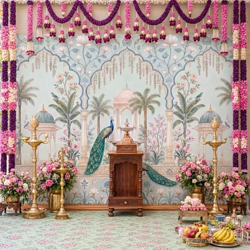 Gilprop 9 x 6 ft Indian Peacock Backdrop Traditional Mughal Garden Backdrop Decor Indian Pooja Peacock Props Banner for Festival Ganesh Chaturthi Mehndi Wedding Seemantham Pooja Decoration - Image 4