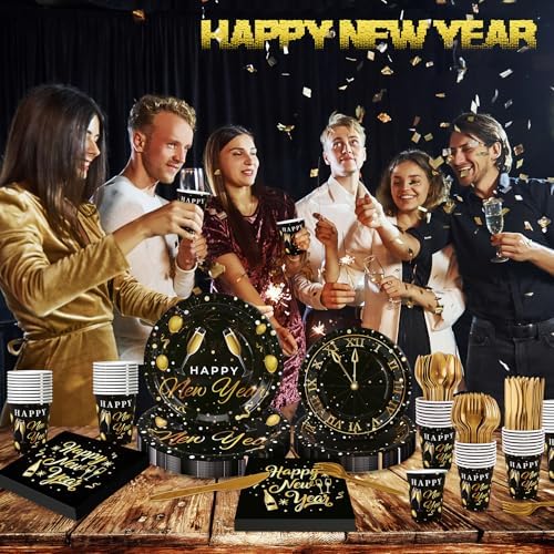 168pcs Happy New Year Party Supplies, Black and Gold Paper Plates Napkins Cups and Gold Cutlery for 24 Guests, 2026 New Year Disposable Tableware Supplies for Party Decorations - Image 7
