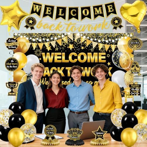 27pcs Welcome Back to Work Decorations Office Black Gold Welcome Back to Work Banner Balloons We Missed You So Much Backdrop Hanging Swirls Table Centerpieces Foil Balloons for Back to Work Office - Image 2