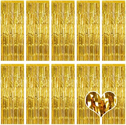 10 Pack Gold Backdrop Curtain 3.2ft x 8.2ft Metallic Tinsel Foil Fringe Curtains Photo Booth Background for Birthday Party Decoration Baby Shower Engagement Wedding Christmas Decoration (Gold) by Ohiyoo