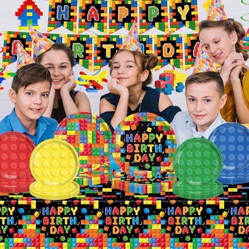 206PCS Building Block Birthday Party Supplies, Plates, Napkins, Cups, Cutlery, Cake & Cupcake Toppers, Banner, Hanging Swirls, Tablecloth, Balloons for Boys Birthday Party Decorations Serve 24 Guests - Image 4