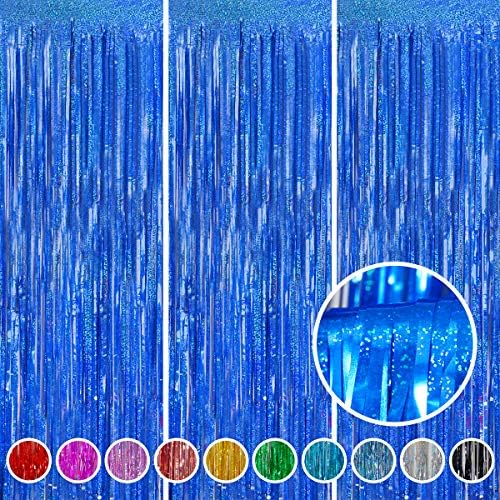 Navy Blue Fringe Curtain Backdrop 3 Pack, 3.2 x 8.2 FT Graduation Decor by Melsan
