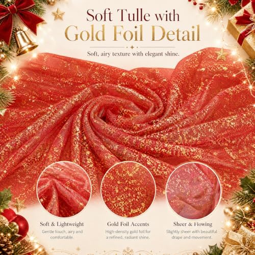Bupelo Red Tulle Backdrop Curtains with Gold Foil 15x8ft Sheer Curtain - Image 4