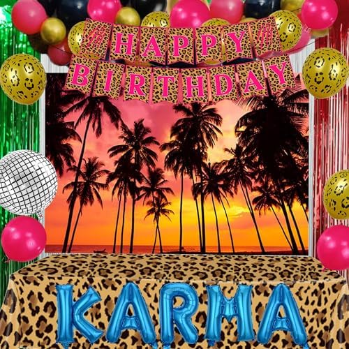 Jersey Shore Themed Birthday Party Decorations, Tropical Beach Background, Cheetah Happy Birthday Banner, Cheetah Tablecloth, Karma Balloons, Fun Party Decor by rastaquo