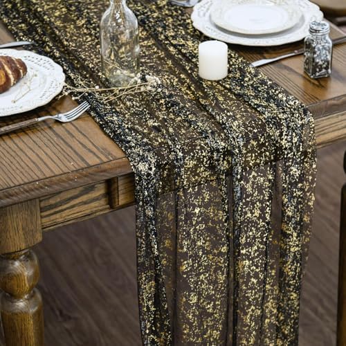 Artoid Mode 3Pcs Black Gold Gauze Table Runner 120 Inch 10FT, Glitter Metallic Foil Sheer Dining Wedding Anniversary Holiday Birthday Table Decor for Home Party by ArtoidMode